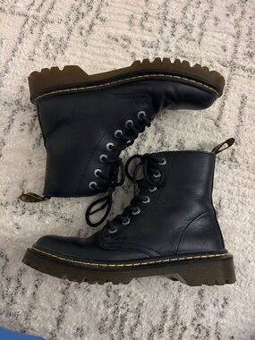 Dr. Martens Black Lace-Up Combat Boots with Yellow Welt Stitch